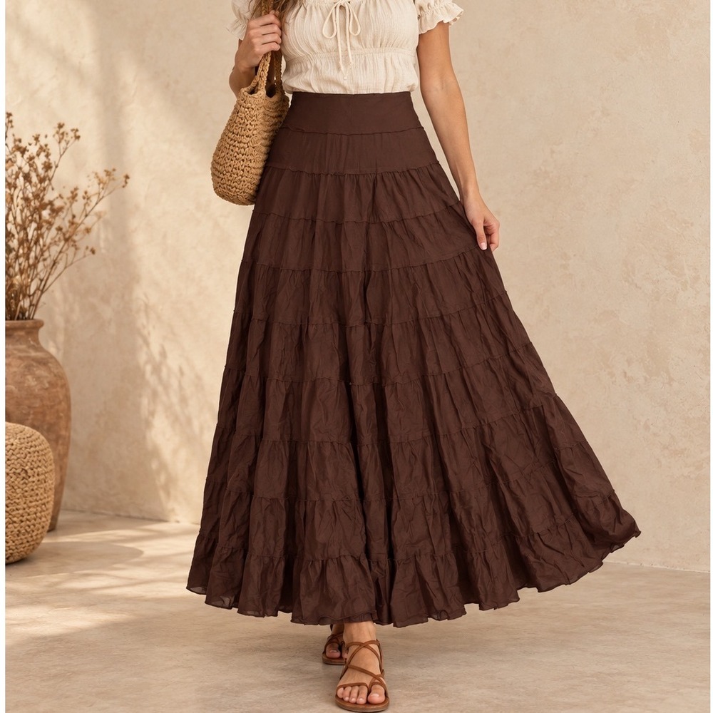 ING Brown Tiered Cotton Maxi Skirt Boho Cottagecore Western Prairie vtg S c5